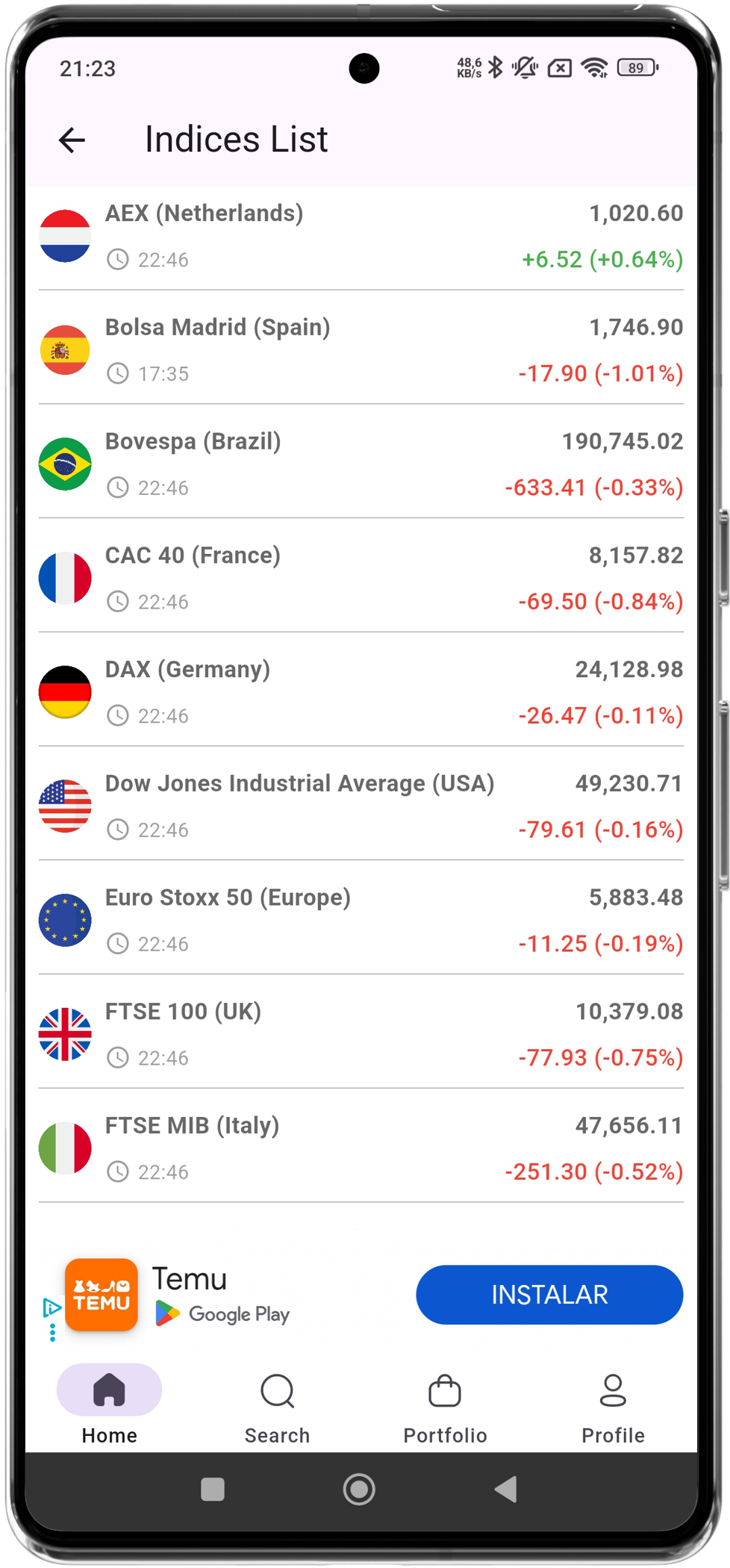 Market dashboard screen