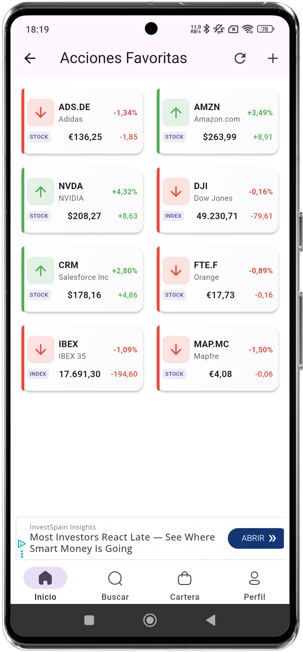 Favorites watchlist screen