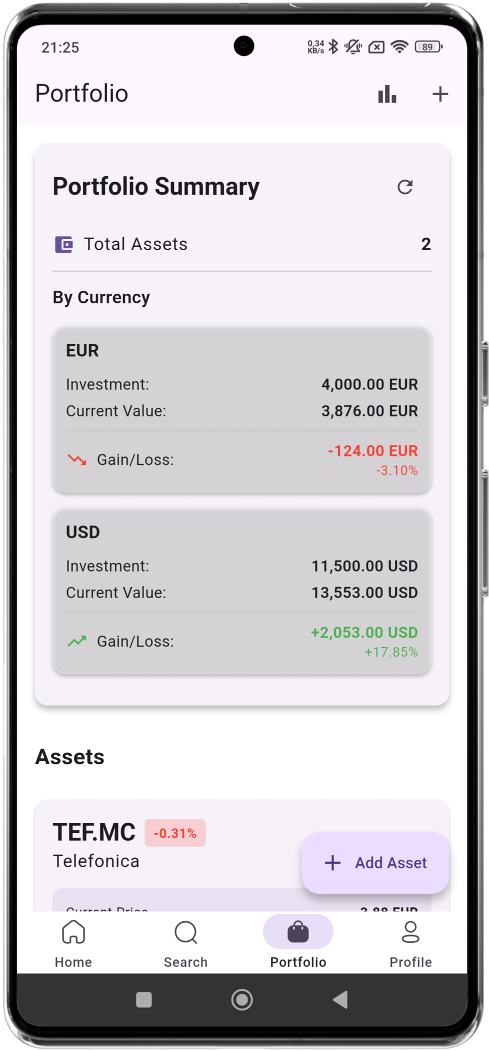 Portfolio management screen