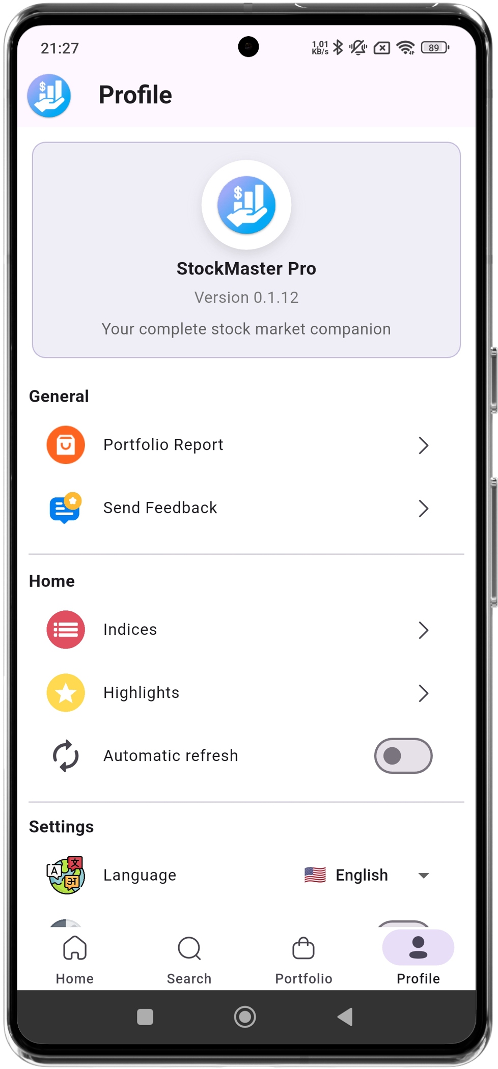 Settings and personalization screen